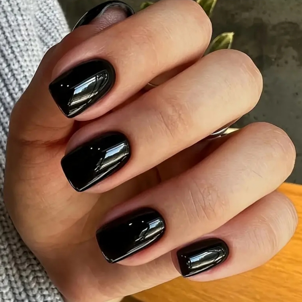 New Glossy Black Press-On Nails | Short Square Reusable Manicure Set